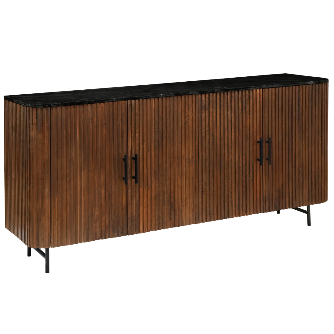 mangohouten dressoir met latjes en marmeren blad en afgeronde hoeken 180 cm breed