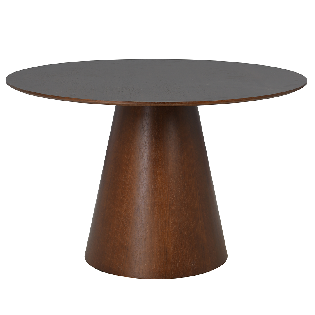 ronde eettafel met centrale poot in donkere walnoot kleur 120 cm breed