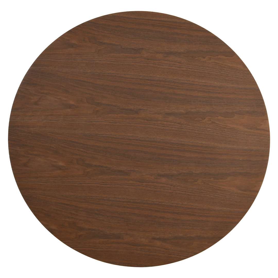 ronde eettafel van walnootkleurig hout met 1 poot 120 cm breed