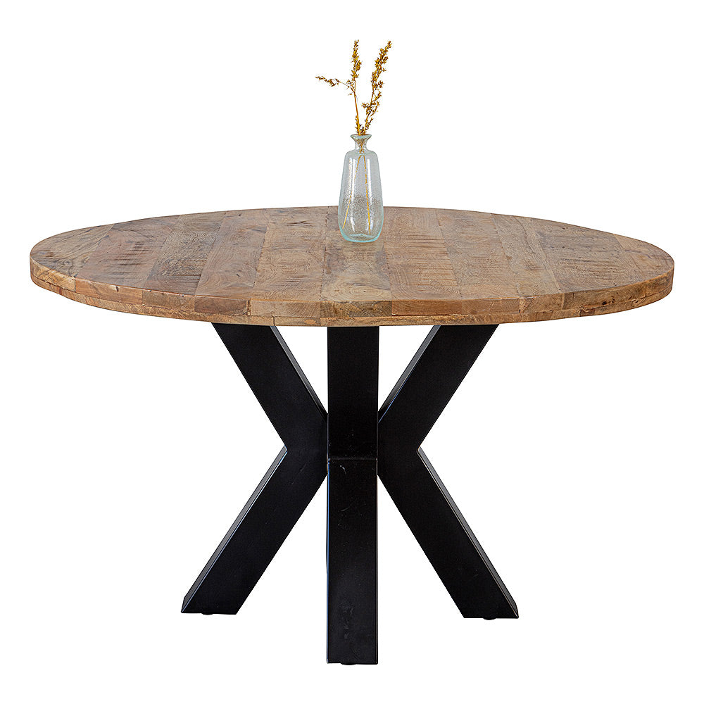 ronde eettafel van mangohout met metalen poot 150 cm