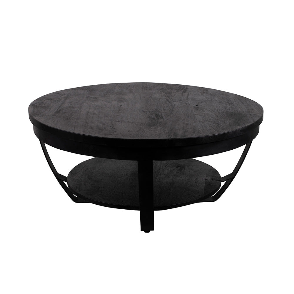 zwarte ronde salontafel van mangohout met metalen accenten 65 cm breed